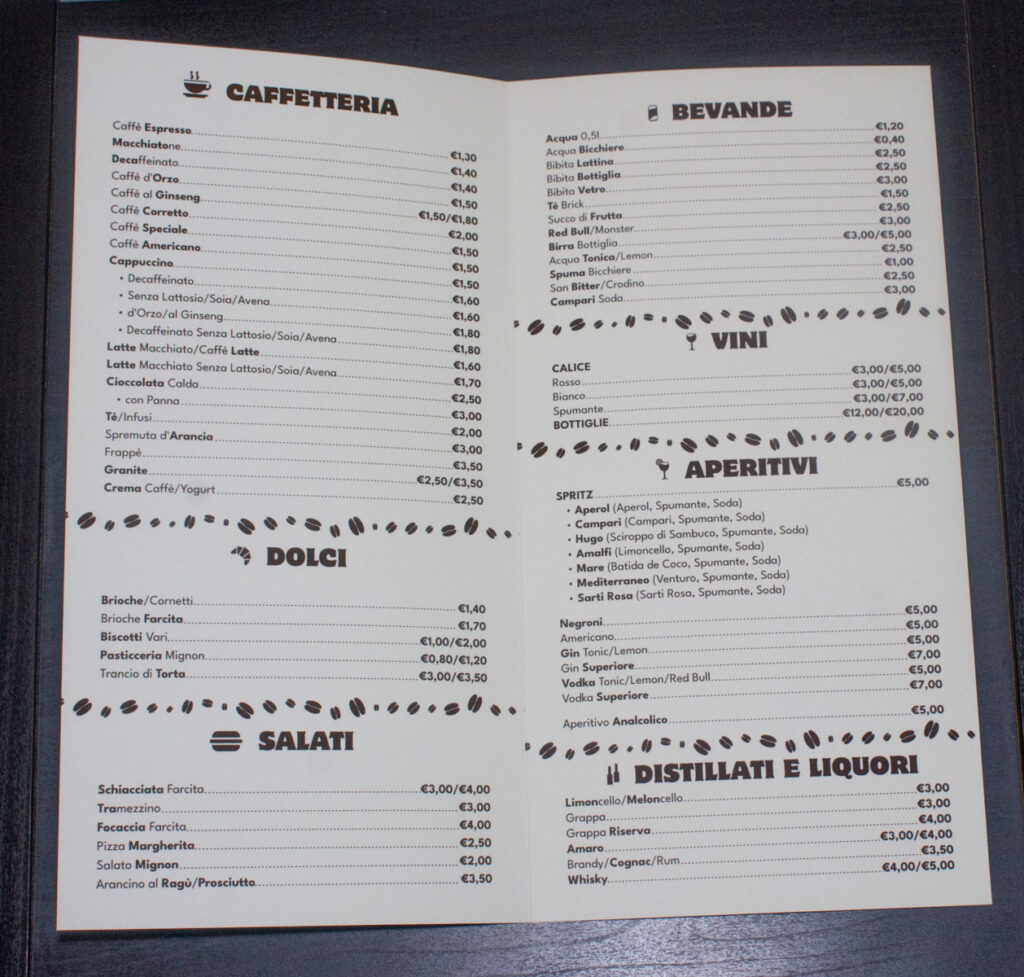 Grafiche coordinate Firenze. Menù del bar L'Angolo del Caffè