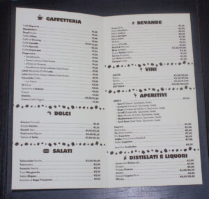 Grafiche coordinate Firenze. Menù del bar L'Angolo del Caffè