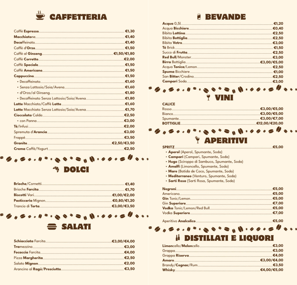 Grafiche coordinate Firenze. Interno menù del bar L'Angolo del Caffè