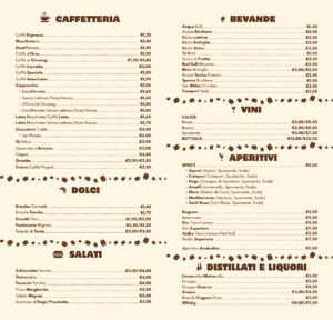 Grafiche coordinate Firenze. Interno menù del bar L'Angolo del Caffè